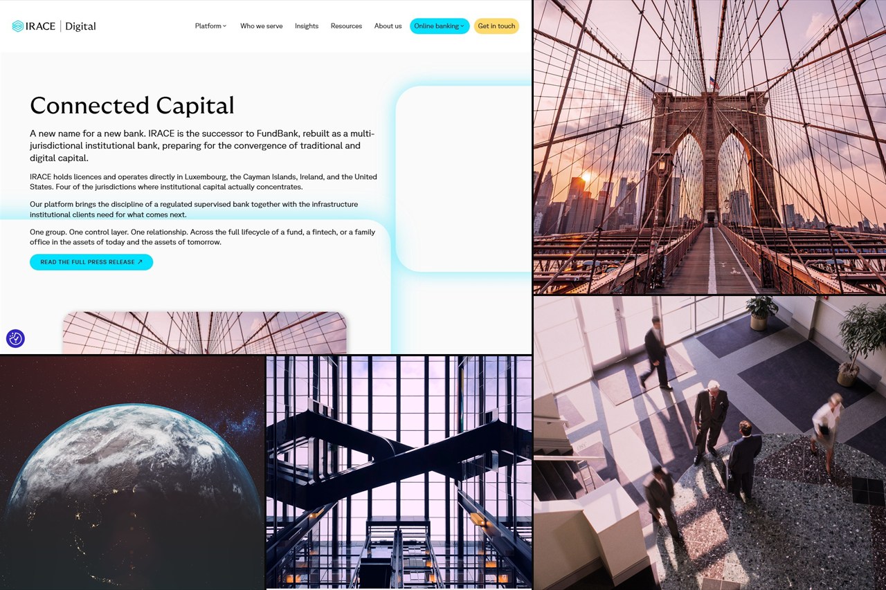 Mozaika úvodní stránky a fotografií z webu IRACE Digital