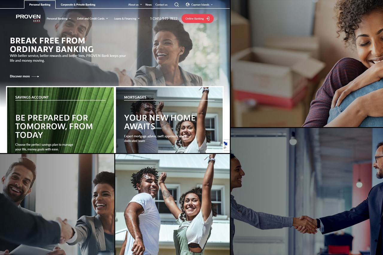 Mozaika úvodní stránky a fotografií z webu PROVEN Bank